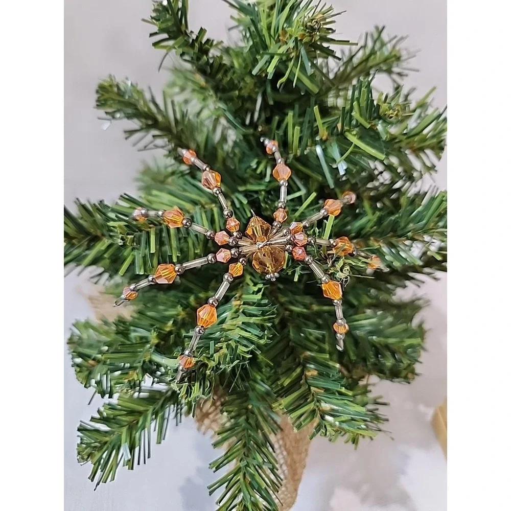 Christmas Spider Ornament Hand Crafted One Of A Kind ‎ Orange And Silver
